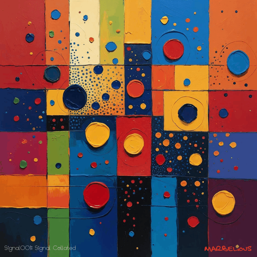 Closely aligned geometric elements with scattered dots and grid—unified visual data transmission.